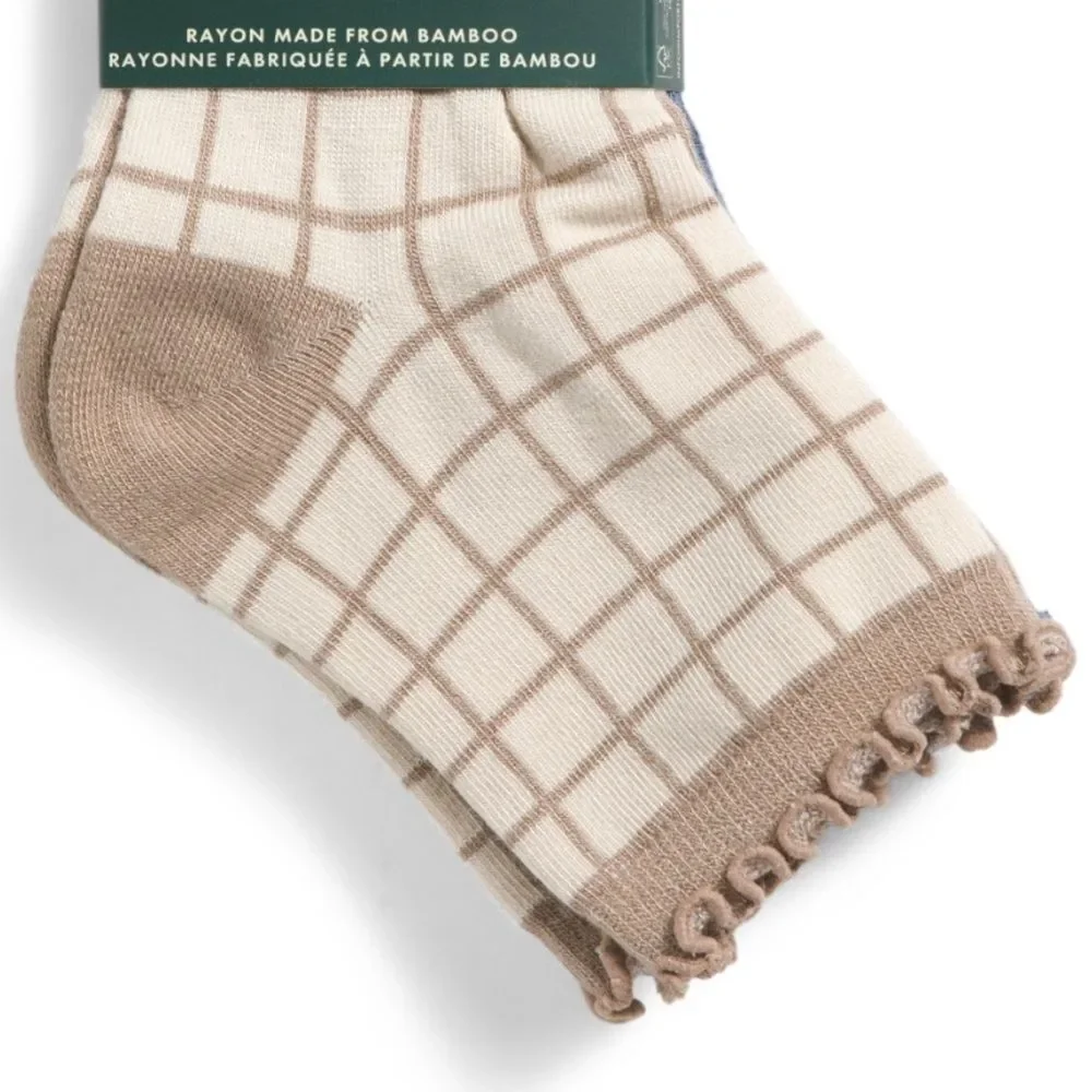 Ted Baker Tan Plaid Blue Dress Crew cut Knit Bamboo Blend Socks 3 pack